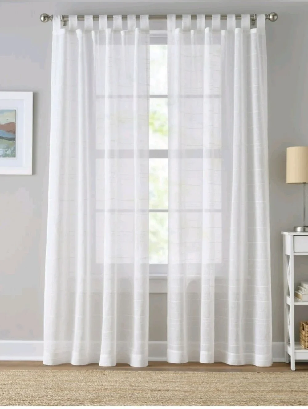 Mainstays Woven Stripe Sheer Tab Top Curtain, Single Panel, White, 50